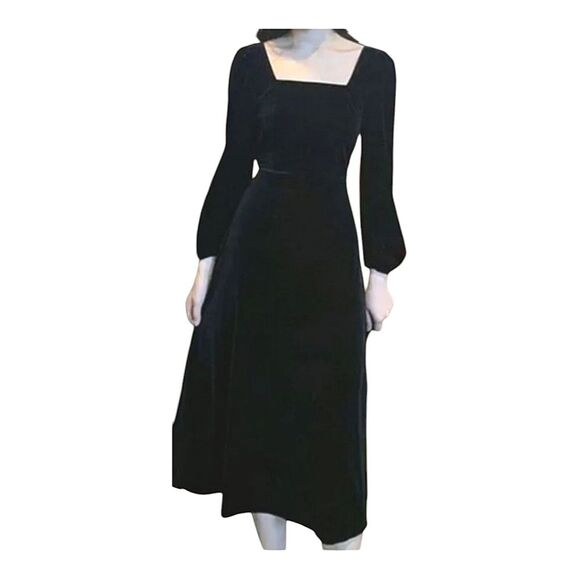 NWT Chic Square Neck Plain Black Velvet Midi Dress A-Line Japanese Brand Lined - Picture 1 of 16